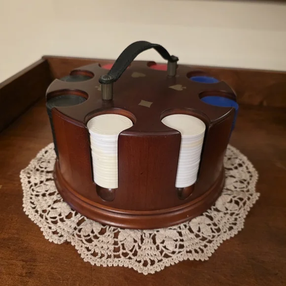 BOMBAY ♠️ Wooden Poker Chip Handle Carousel Caddy w/RedBlueWhite & Black Chips